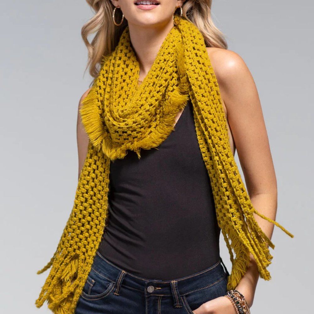 Mustard Yellow Net Scarf Fringe Tassel